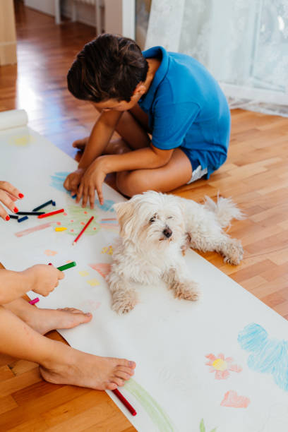 istock Boy sitting on the floor and drawing on paper with crayons 2157743074