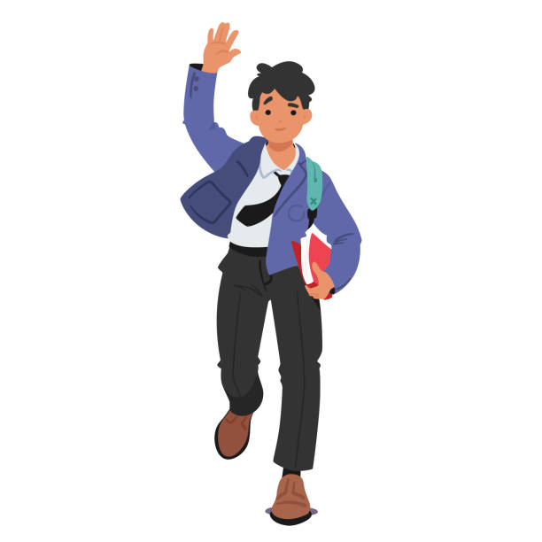 Cartoon Animated Boy Running, Wearing A School Uniform, And Carrying A Backpack And Books, Vector Illustration Cartoon Animated Boy Running, Wearing A School Uniform, And Carrying A Backpack And Books. Vector Illustration Evokes A Sense Of Urgency And School Life, Showcasing A Student Character Daily Routine school-uniform stock illustrations