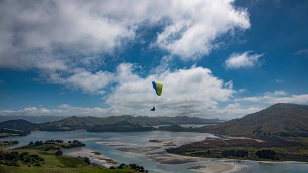 Green Paraglider soars over Hoopers Inlet Otago New Zealand with hills and water and sky