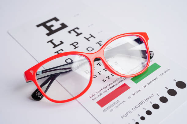istock Glasses on eye exam chart to test eyesight accuracy of reading. 2157760821