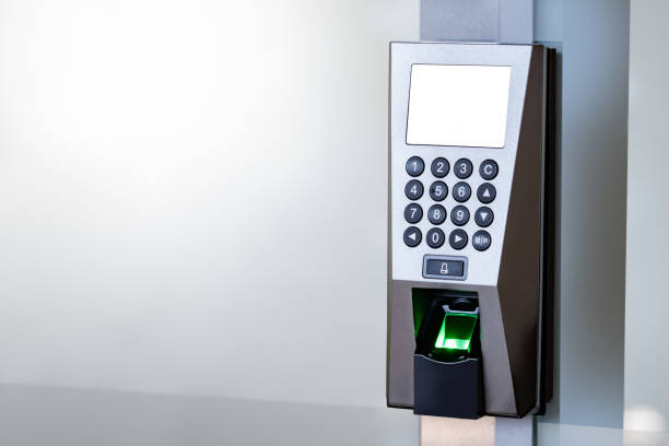 istock Smart electronic fingerprint door lock scanner for access control and security system of private room in office, hotel, apartment. Password entering by keypad number scan device machine 2157762287