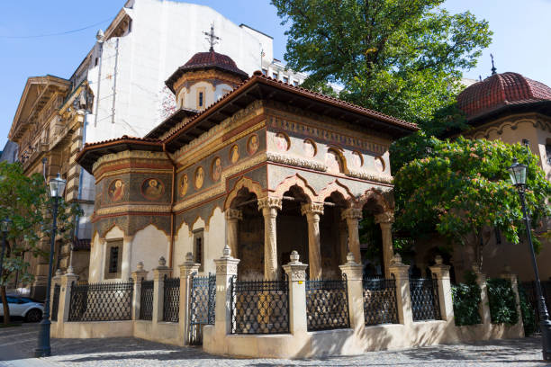 istock Europe, Romania. Bucharest. Stavropoleos Monastery, Stavropoleos Church Eastern Orthodox monastery for nuns, built in Brancovenesc style. largest collection of Byzantine music books in Romania. 2157770825