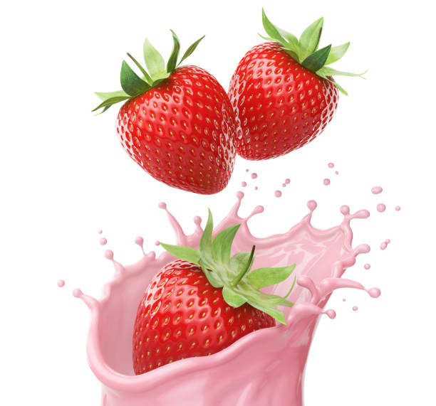 istock milk or yogurt splash with strawberries isolated on white background, 3d rendering. 2157775366