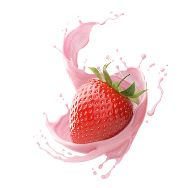 istock milk or yogurt splash with strawberries isolated on white background, 3d rendering. 2157775369