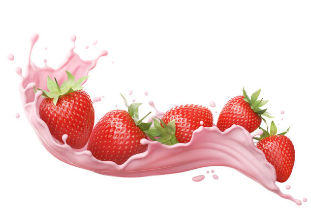 istock milk or yogurt splash with strawberries isolated on white background, 3d rendering. 2157775370