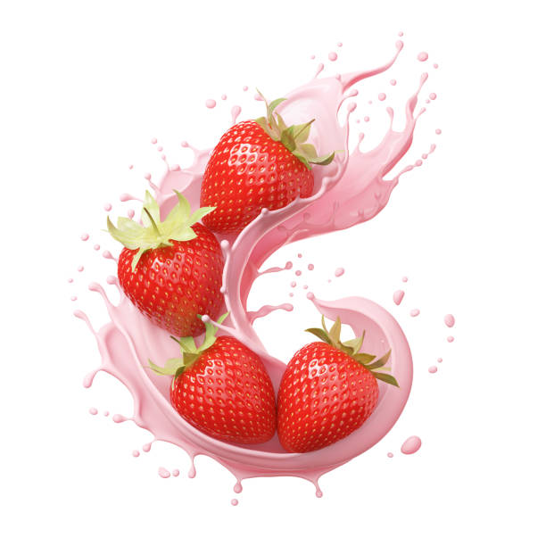 istock milk or yogurt splash with strawberries isolated on white background, 3d rendering. 2157775374