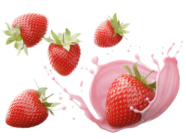 istock milk or yogurt splash with strawberries isolated on white background, 3d rendering. 2157775375