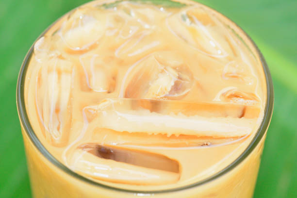 the top view close-up image of Thai iced coffee  cub