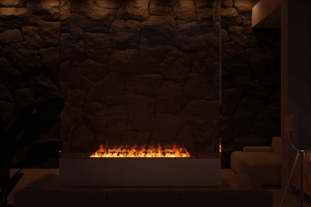 istock dark living room with horizontal fireplace. 3D rendering 2157778110