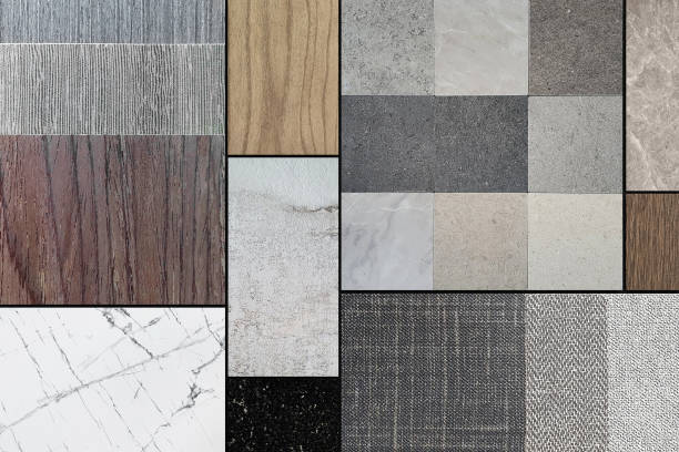 istock combination of interior material samples for mood board consists wooden veneers, stone ceramic tiles, fabric laminated, white carrara marble, black terrazzo, wooden vinyl flooring in close up view. 2157783741