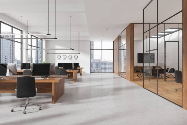 istock Modern office interior with coworking and conference room, panoramic window 2157784658