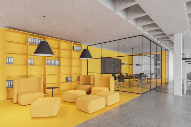 istock Colored office interior with meeting and relaxing space, shelf with documents 2157784706