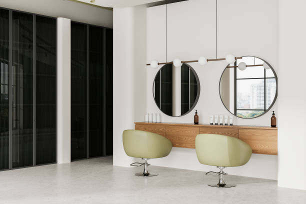 istock Stylish salon interior with armchairs and round mirrors, panoramic window 2157784718