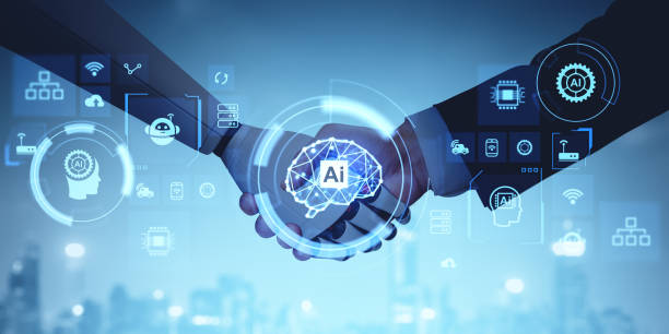 istock Human and robot handshake, AI brain hologram and futuristic technologies icons 2157784762