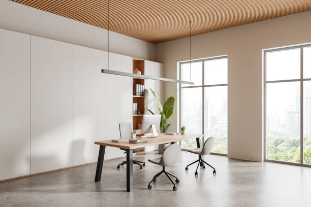 istock Cozy workspace interior with ceo desk and shelf with panoramic window 2157785052