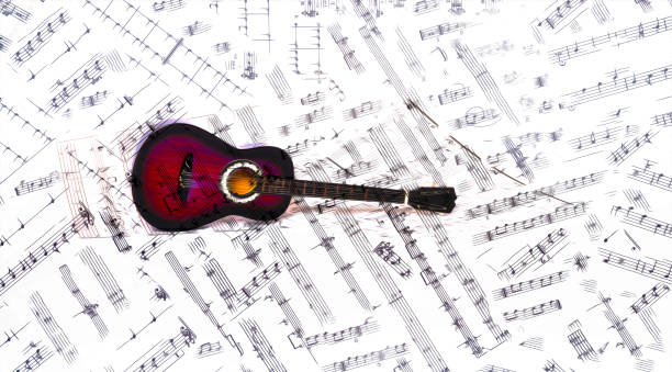 istock an old classical guitar leaning on a bed of jumbled musical notes 2157785232