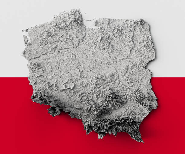 3d Poland Map Black And White Shaded Relief Texture Map On Poland Flag Background 3d illustration\nSource Map Data: tangrams.github.io/heightmapper/,\nSoftware Cinema 4d