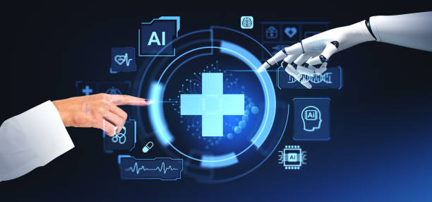 istock A human hand interacts with an artificial intelligence robotic hand with medical icons and a digital interface on dark background, illustrating healthcare technology 2157785549