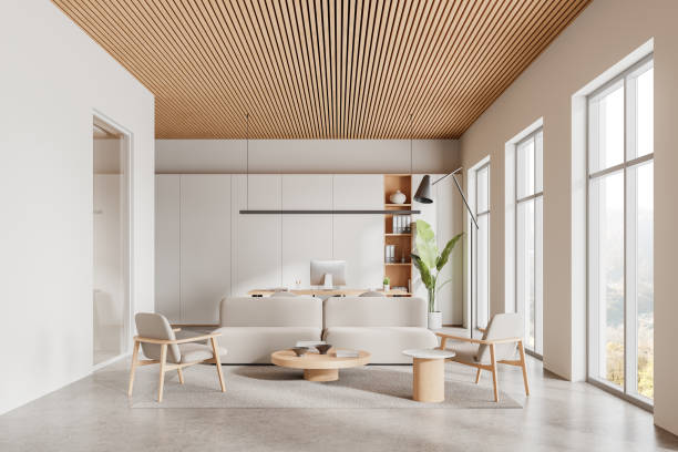istock Wooden ceiling office waiting room interior with sofa 2157785567
