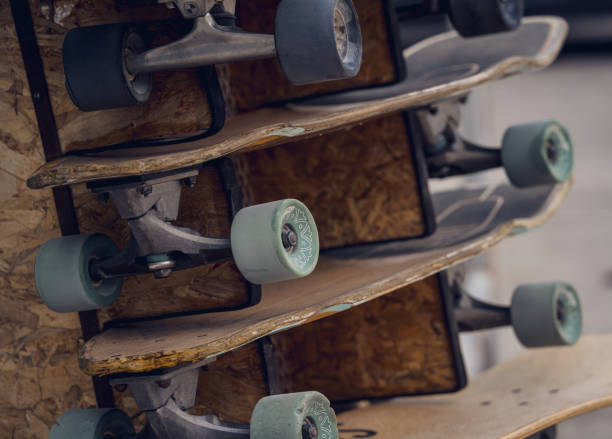istock A stack of skateboards on a special outdoor stand 2157790449