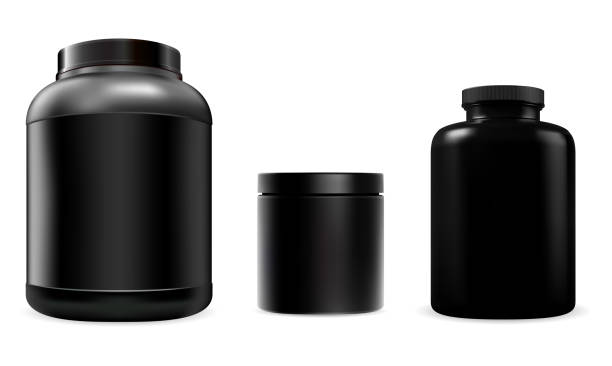 Black protein jar. Sport supplement bottle, nutrition can Black protein jar. Sport supplement bottle, isolated package. Powder gainer bottle, workout and bodybuilding energy diet, bcaa, casein supplements. Black plastic gym nutrition container protein powder bottle stock illustrations