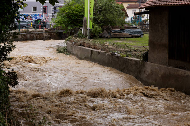 istock River with high water level in its bed after flood. 2157796612
