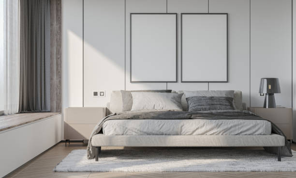 istock mock up poster frame in interior background, bed room. 3D render, 3D illustration 2157802922