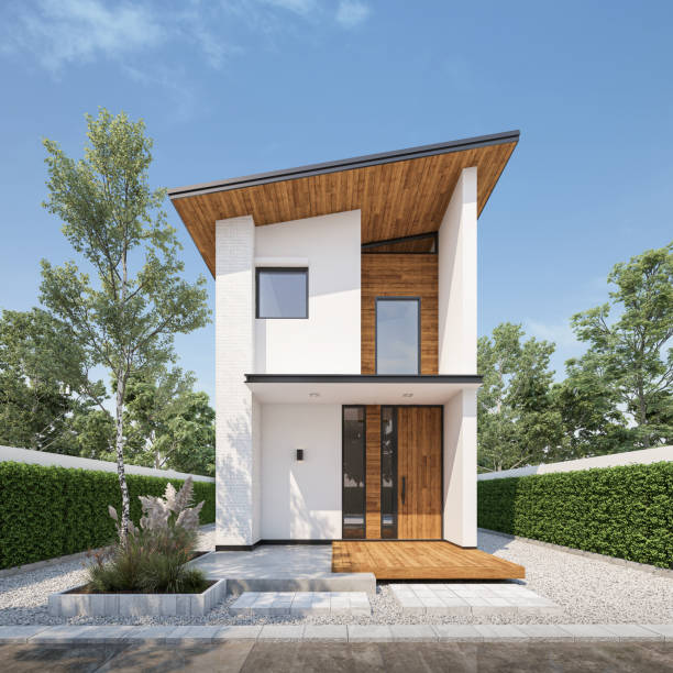 3d rendering illustration of modern minimal house with a concrete walkway and natural playground