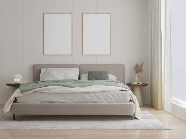 istock mock up poster frame in interior background, bed room. 3D render, 3D illustration 2157802942