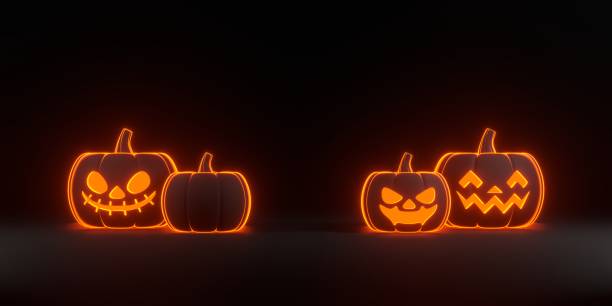 istock Jack-o-Lantern pumpkins with futuristic orange neon lights on black background 2157807041