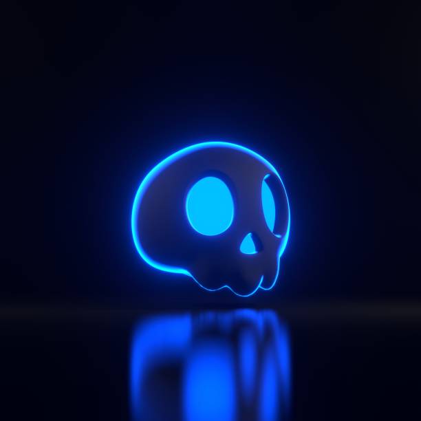 Simple halloween cartoon skull with bright glowing futuristic blue neon lights on black background. Happy Halloween concept. Traditional october holiday. 3D render illustration