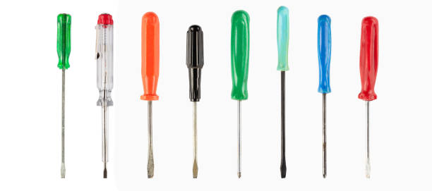 istock Set of multi-colored screwdrivers flat head isolated on white background. Work tool. 2157807391