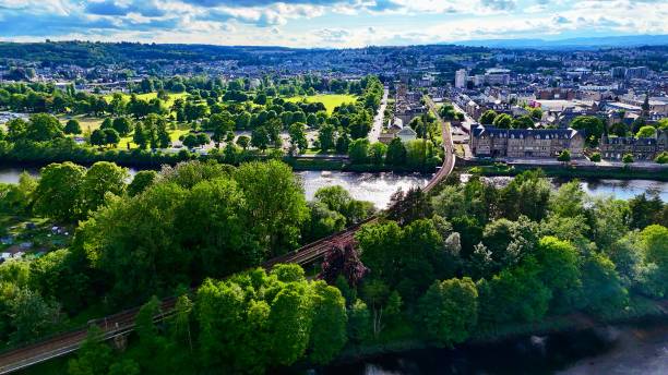 Drone image of a Railway bridge crossing the river Tay, Perth