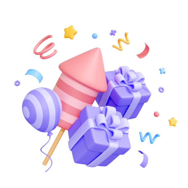 istock Rocket, purple gift boxes, striped balloon, and confetti on white background 2157812067