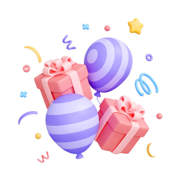 istock Two gift boxes and two balloons with confetti isolated on white background 2157812080