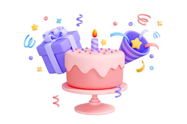 Birthday cake with a single candle, surrounded by gift, confetti, and party horn
