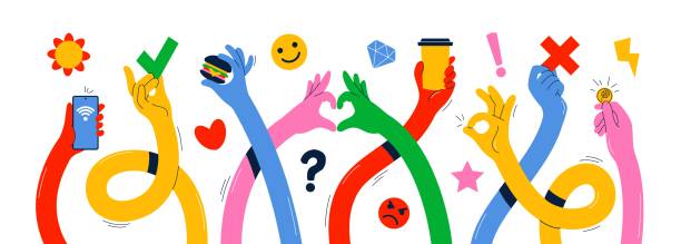 ilustraciones, imágenes clip art, dibujos animados e iconos de stock de manos largas y extendidas. brazos humanos multicolores sosteniendo diferentes elementos, extremidades largas y curvas, varios gestos y símbolos, teléfono inteligente, taza de café y moneda, conjunto aislado plano de dibujos animados vectoriales ordenado - largo longitud