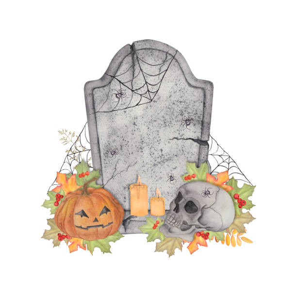 Halloween Tombstone with Skull, Jack-O'-Lantern, and Candles Spooky Halloween composition featuring a cracked tombstone with spider webs, a skull, jack-o'-lantern, candles, and autumn leaves. Perfect for seasonal decorations, invitations, and greeting cards. watercolor lantern set stock illustrations