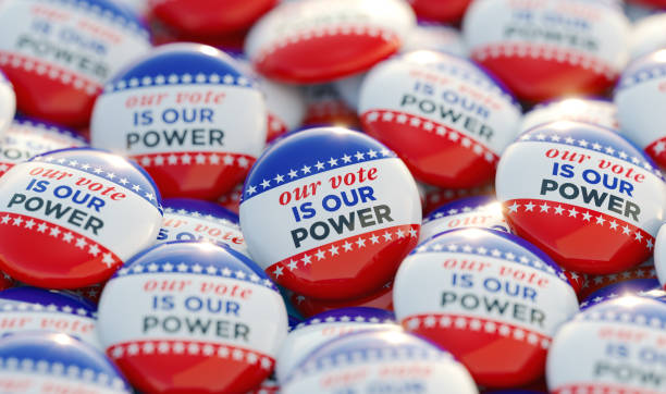 Our Vote Is Our Power printed badges. Horizontal composition. Election concept.