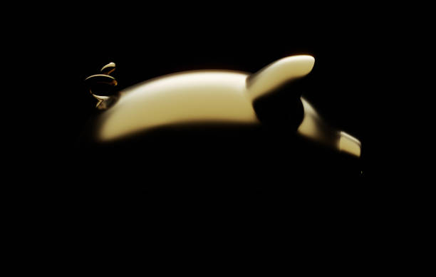 Gold colored piggy bank on black background. Horizontal composition. Savings concept.