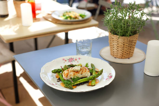 Side view of gourmet meal with seafood and vegetables with blue cheese served in French style plate on the table with plant in cafe patio during sunny day