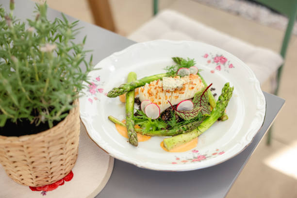 Close-up view of gourmet meal with seafood and vegetables with blue cheese served in French style plate on the table with plant in cafe patio during sunny day