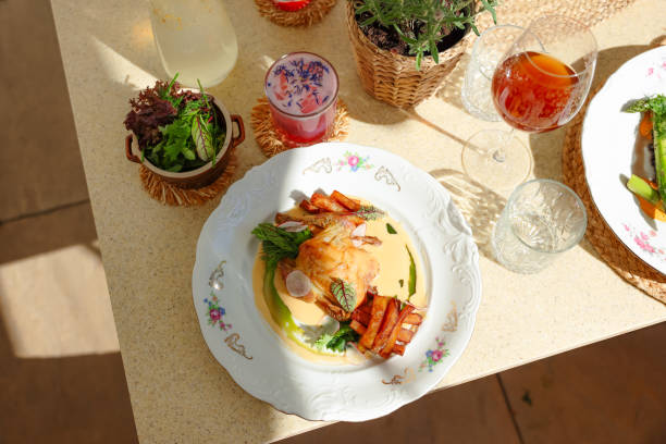 istock Gourmet Chicken With Sauce Served in Sunny Restaurant Terrace 2157822764