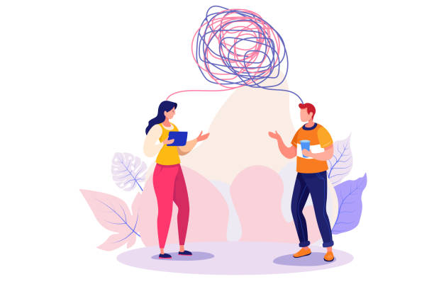 illustrazioni stock, clip art, cartoni animati e icone di tendenza di problema complicato, complessità o difficoltà, risoluzione di problemi difficili, sfide o problemi, pensiero o brainstorming per il concetto di soluzione, uomini d'affari che pensano con il nodo groviglio disordinato del caos. - problemi di comunicazione