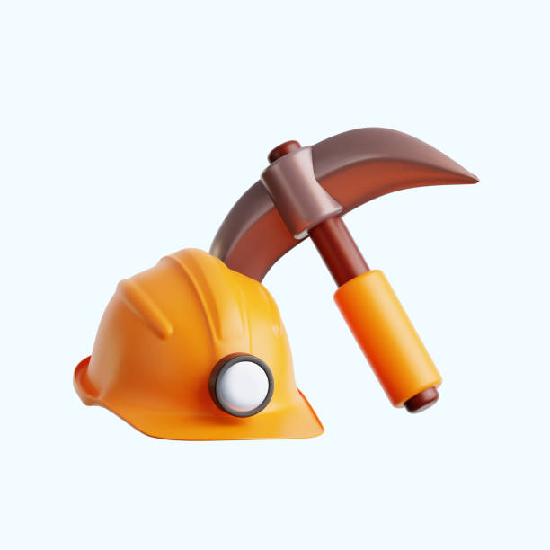 mining axe with hard hat helmet with lamp for underground coal mineral production miner labor worker 3d icon illustration render design