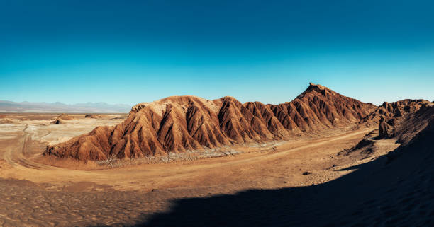 Stunning panoramic shot of the Atacama Desert in Chile showcasing rugged terrain and distant mountains under a clear blue sky.\n\ncordillera de la sal
