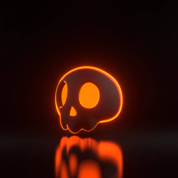 istock Simple halloween cartoon skull with orange neon lights on black background 2157828370