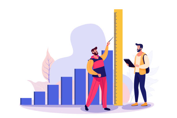 stockillustraties, clipart, cartoons en iconen met business benchmark measurement, kpi, key performance indicator to evaluate success, improvement or business growth concept, businessman and woman help using measuring tape to measure bar graph. - meten