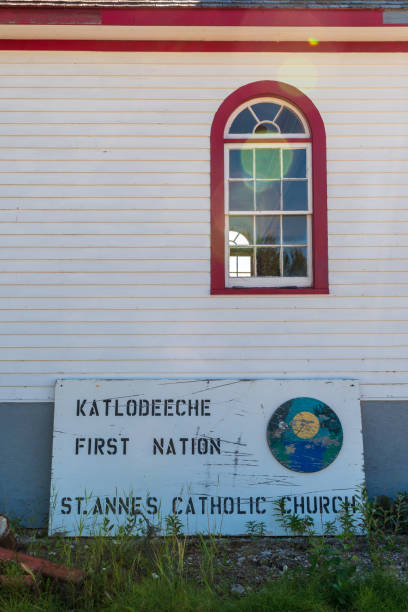 Hay River Dene Reserve / Katlodeeche First Nation, NT \\ Canada - 14 AUG 2022: St. Annes Catholic Church with sign