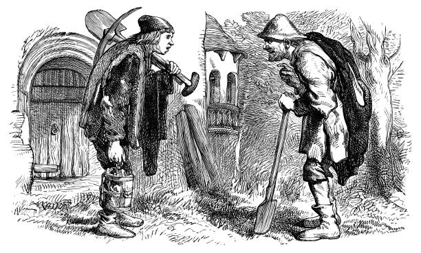 Two gravediggers in the play Hamlet from the Works of William Shakespeare. Vintage etching circa mid 19th century.